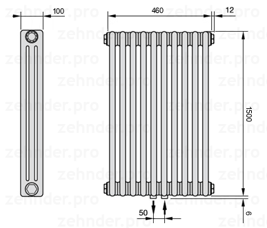 Схема (чертеж) Радиатор Zehnder Charleston 3150/10 №5410 Белый глянцевый RAL 9016